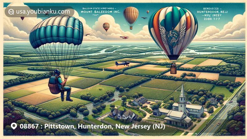 Wide postcard-style illustration of Pittstown, Hunterdon, New Jersey, depicting key landmarks and cultural elements with a vintage vibe and postal theme, featuring Garden State Skydiving, Balloons Aloft Inc., local vineyards like Beneduce Vineyards and Mount Salem Vineyards.