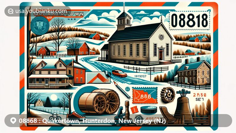 Modern illustration of Quakertown, Hunterdon, New Jersey, with postal theme showcasing Quaker heritage, historic landmarks, rural landscapes, and local craftsmanship, including Quakertown Friends Meeting House and ZIP code 08868.
