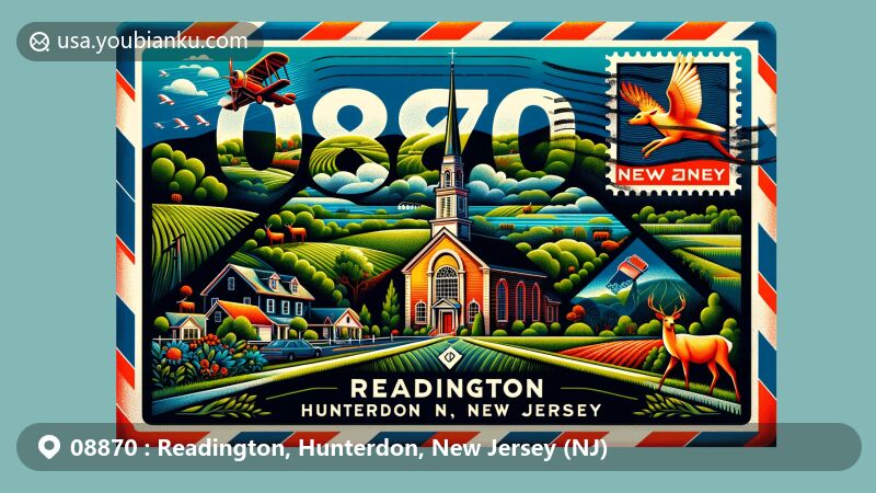 Vintage illustration of Readington, Hunterdon, New Jersey (NJ), showcasing postal theme with ZIP code 08870, featuring historic landmarks and cultural symbols like the Readington Reformed Church, green landscapes of Hunterdon County, deer, and agricultural fields.