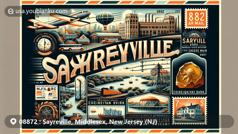 Modern illustration of Sayreville, Middlesex, New Jersey, showcasing postal theme with ZIP code 08872, featuring Starland Ballroom, Thomas Warne Museum, Cheesequake State Park, Raritan River, Sayre & Fisher Brick Company, Old Spye Inn, and amber fossil.