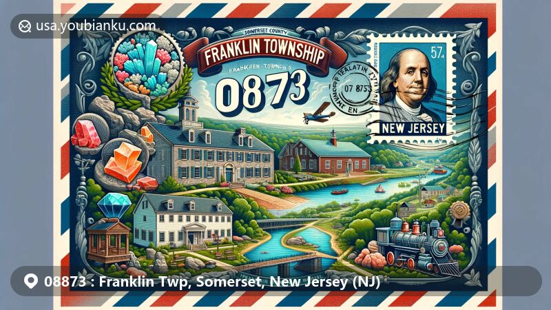 Modern illustration of Franklin Township, Somerset County, New Jersey, showcasing postal theme with ZIP code 08873, featuring Franklin Mineral Museum, Van Wickle House, Colonial Park, and Benjamin Franklin, integrating New Jersey state flag.