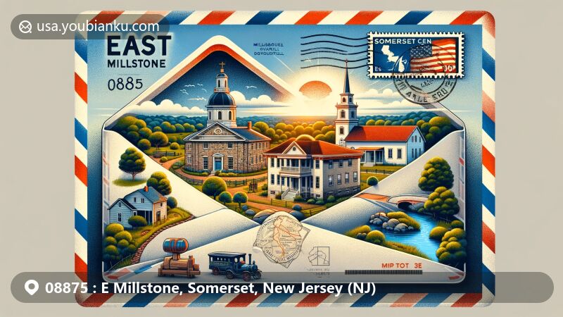 Vintage airmail envelope showcasing the history and culture of East Millstone, Somerset, New Jersey, ZIP code 08875, featuring iconic buildings like John Van Doren House and Hillsborough Reformed Church, along with a stylized map of Somerset County.