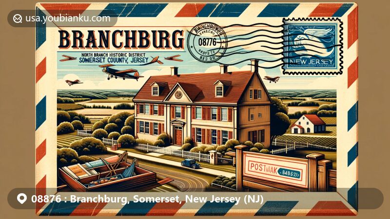 Modern illustration of Branchburg, Somerset County, New Jersey, featuring vintage airmail envelope with North Branch Historic District, highlighting Georgian architecture and postal theme with ZIP code 08876.