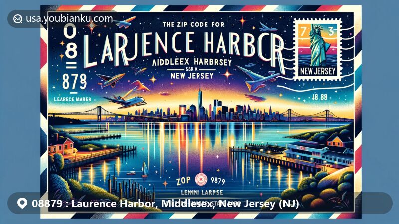 Contemporary illustration of Laurence Harbor, Middlesex County, New Jersey, showcasing postal theme with ZIP code 08879, featuring skyline of Lower Manhattan, Verrazzano-Narrows Bridge, Staten Island, and Cheesequake State Park.