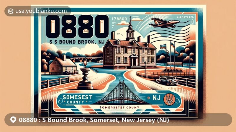 Modern illustration of S Bound Brook, Somerset County, New Jersey, featuring Abraham Staats House, Queen's Bridge, and local Ukrainian cultural elements.