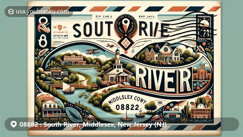 Modern illustration of South River, Middlesex County, New Jersey, featuring key elements like charming town, well-maintained parks, and diverse culinary scene, with postal theme including vintage airmail envelope and New Jersey state symbols.