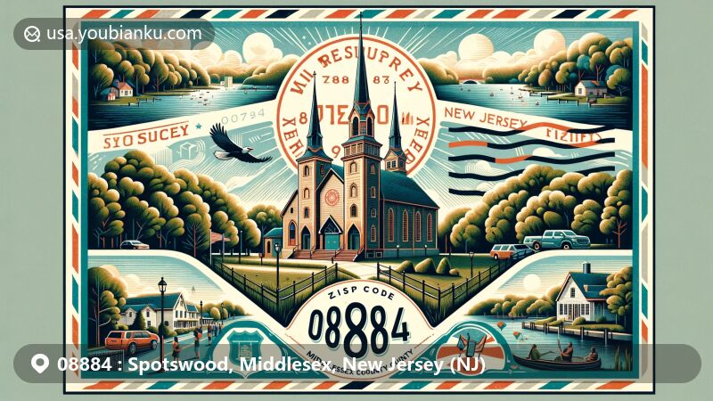 Modern illustration of Spotswood, Middlesex County, New Jersey, featuring iconic Spotswood Reformed Church on a postage stamp, surrounded by picturesque DeVoe Lake, community spirit scenes, and New Jersey state flag, all centered around a stylish postal envelope with ZIP code 08884.