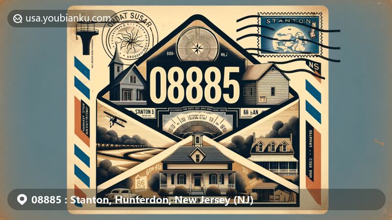 Vintage-style illustration of Stanton, Hunterdon County, New Jersey, showcasing ZIP code 08885, featuring Bouman-Stickney Farmhouse, Eversole-Hall House, and Hunterdon County's silhouette.