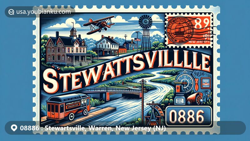 Modern illustration of Stewartsville, Warren County, New Jersey, representing ZIP code 08886, showcasing local landmarks, postal elements, and New Jersey symbols in a vibrant, creative postal-themed format.