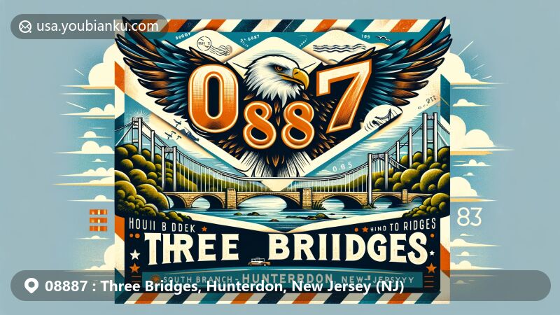 Modern illustration of Three Bridges, Hunterdon County, New Jersey, showcasing postal theme with zip code 08887, featuring iconic bridges, stone arch bridges, and eagle symbol.