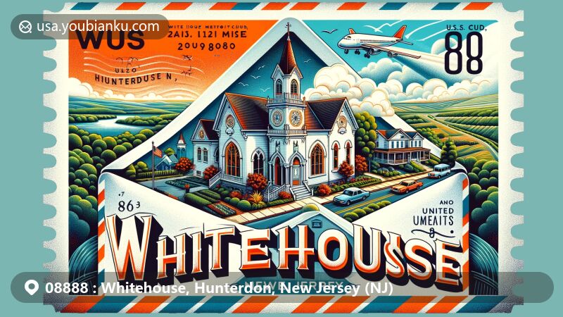 Modern illustration of Whitehouse, Hunterdon County, New Jersey, featuring key landmarks like Whitehouse United Methodist Church and Ryland Inn, set in a scenic backdrop of rolling hills and lush landscapes.