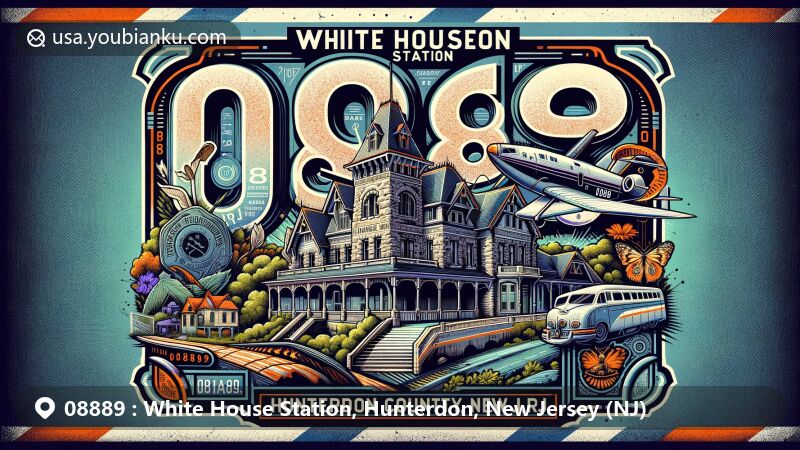 Modern illustration of White House Station, Hunterdon County, New Jersey, highlighting postal theme with ZIP code 08889, featuring vintage airmail envelope and Victorian Richardsonian Romanesque architecture.