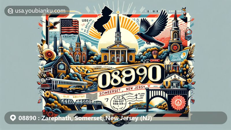 Illustration of Zarephath, Somerset County, New Jersey, representing postal theme with ZIP code 08890, featuring Pillar of Fire Church, Old Canal Bridge, New Jersey state symbols, and vintage postal elements.