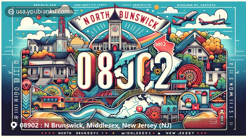 Modern illustration of North Brunswick, Middlesex, New Jersey, with vibrant postcard design highlighting ZIP code 08902, showcasing local landmarks and postal elements in a colorful and creative style.