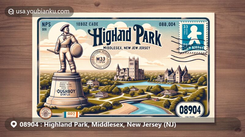 Modern illustration of Highland Park, Middlesex, New Jersey, capturing the essence of postal theme with ZIP code 08904, featuring Doughboy Statue, Merriwold Castle, and Raritan River.