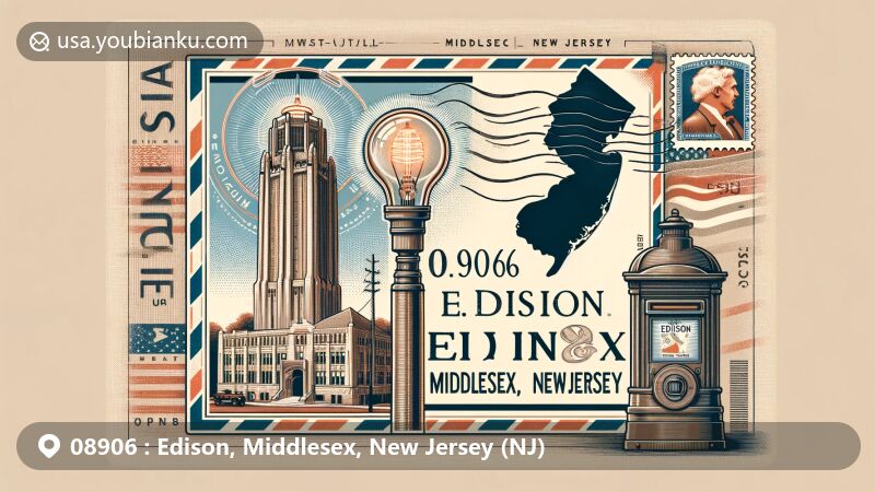 Modern illustration of Edison, Middlesex, New Jersey, showcasing postal theme with ZIP code 08906, featuring Thomas Alva Edison Memorial Tower and New Jersey state symbols.
