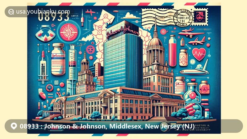 Vibrant and modern illustration of Johnson & Johnson Plaza in Middlesex, New Jersey, showcasing healthcare industry elements and historical Old Queens at Rutgers University, with a stylized map of Middlesex County and a vintage airmail envelope design.