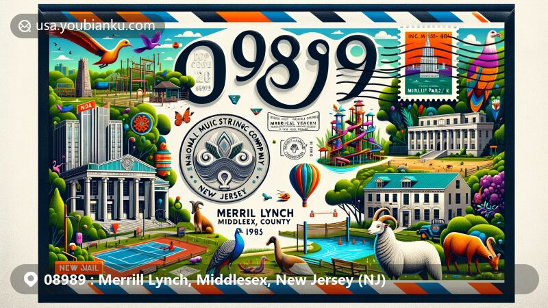 Modern illustration of Merrill Lynch, Middlesex, New Jersey, featuring Merrill Park with peacocks, goats, tennis courts, and wooden playground on the left, and iconic structures like Milltown India Rubber Company, National Musical String Company, and Rutgers University's Old Queens on the right, all inside an airmail envelope with New Jersey state flag stamp and ZIP code 08989.