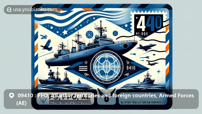 Stylized illustration of airmail envelope showcasing ZIP Code 09410, representing FPO, AE area in U.S. Armed Forces with naval motifs, military symbols, and fictional postage stamp with eagle.
