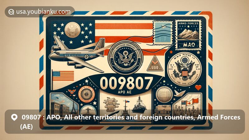 Creative modern illustration of APO, AE (Armed Forces Europe, the Middle East, Africa, and Canada) represented in a vintage-style air mail envelope with American flag stamp, '09807 APO AE' postmark, and military postal service imagery.