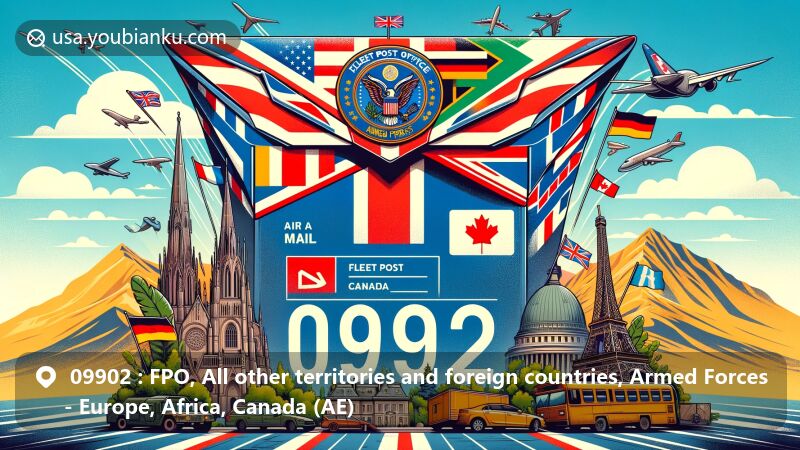 Modern illustration of Fleet Post Office (FPO) for Armed Forces in Europe, Africa, and Canada (AE) with air mail envelope showcasing flags of UK, Germany, Italy, and Canada, featuring iconic landmarks from Europe, Africa, and Canada.