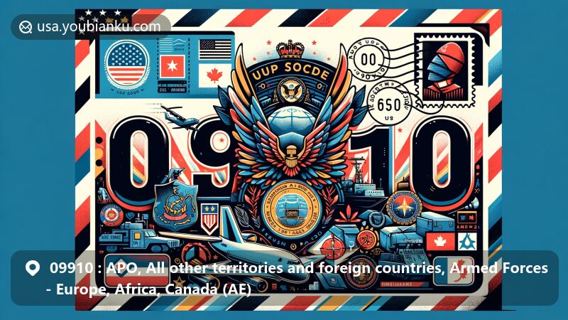 Creative and modern illustration representing postal code 09910, covering APO addresses in Europe, Middle East, Africa, and Canada, incorporating symbolic elements of the US military like stylized military badges, uniform elements, and a warship, reflecting the wide geographical coverage of this postal code. The image is designed as a widescreen airmail envelope with vintage aesthetic details such as stamps, postmarks, and prominently displayed postal code, merging symbols from Europe, Middle East, Africa, and Canada in the background. The overall look is vivid, modern, and web-friendly, steering clear of any negative stereotypes, focusing on the diversity of the US military and global presence.
