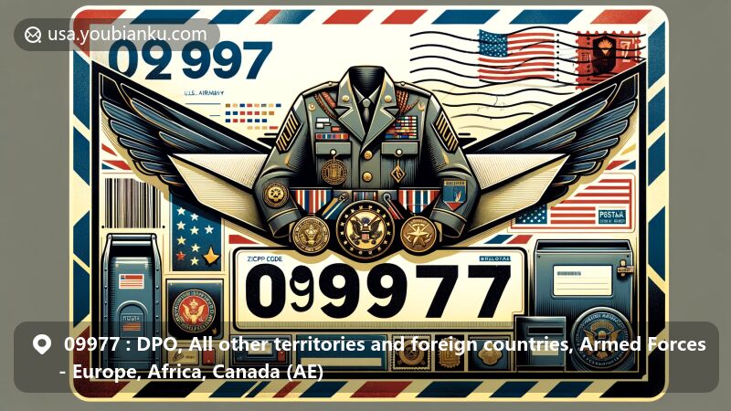 Modern illustration of the United States ZIP Code 09977, featuring military and diplomatic motifs on an air mail envelope background, combined with traditional postal elements.