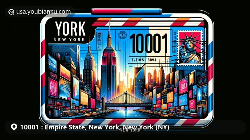 Modern illustration of New York City, ZIP code 10001, featuring iconic Empire State Building on a colorful airmail envelope, vibrant scene of Times Square, elegant Brooklyn Bridge, and Statue of Liberty stamp.