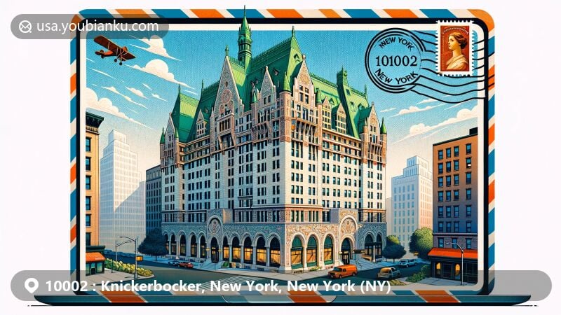 Modern illustration of Knickerbocker area, New York City, showcasing postal theme with ZIP code 10002, featuring The Knickerbocker Hotel and Knickerbocker Village.
