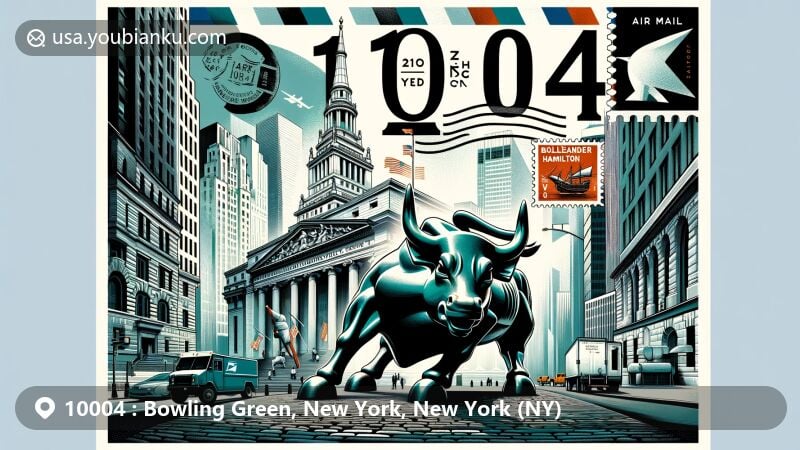 Modern illustration of Bowling Green, New York, featuring Charging Bull sculpture symbolizing Wall Street's strength, with Alexander Hamilton U.S. Custom House in Beaux-Arts style, and postal elements showcasing ZIP code 10004.