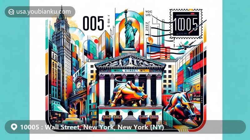 Modern illustration of ZIP Code 10005, showcasing vibrant collage of Wall Street landmarks like NY Stock Exchange, Charging Bull sculpture, and Trinity Church on a postal envelope, with Statue of Liberty postage stamp.