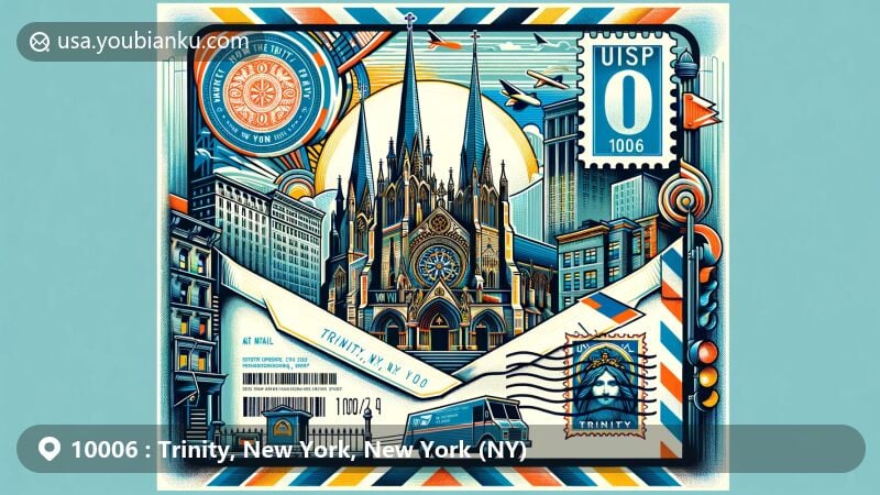 Modern illustration of Trinity area in New York, NY showcasing Trinity Church, Gothic Revival architecture, New York City elements, and postal theme with ZIP code 10006.