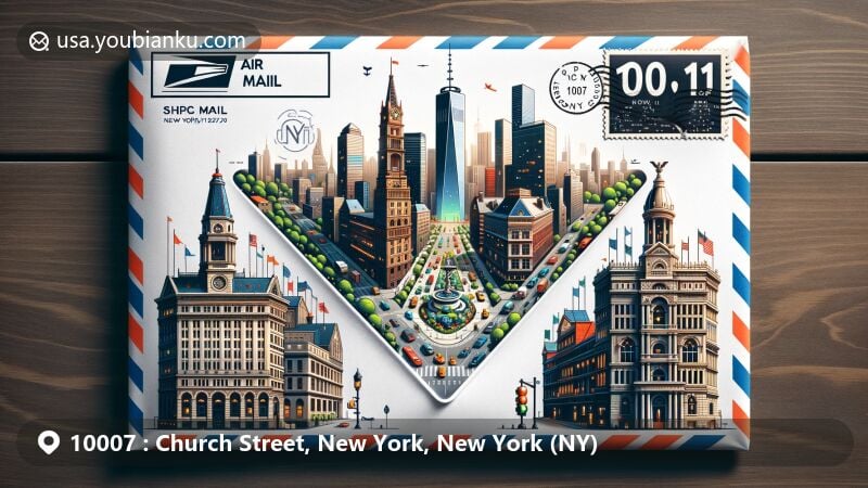 Modern illustration of Church Street, New York City, embodied in an air mail envelope design featuring One World Trade Center, City Hall, and a stylized depiction of Church Street in Tribeca.