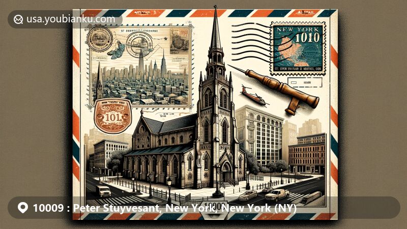 Modern illustration of Peter Stuyvesant, New York, New York, featuring St. Mark's Church in the Bowery on a vintage airmail envelope background, showcasing historical and postal themes with ZIP code 10009.