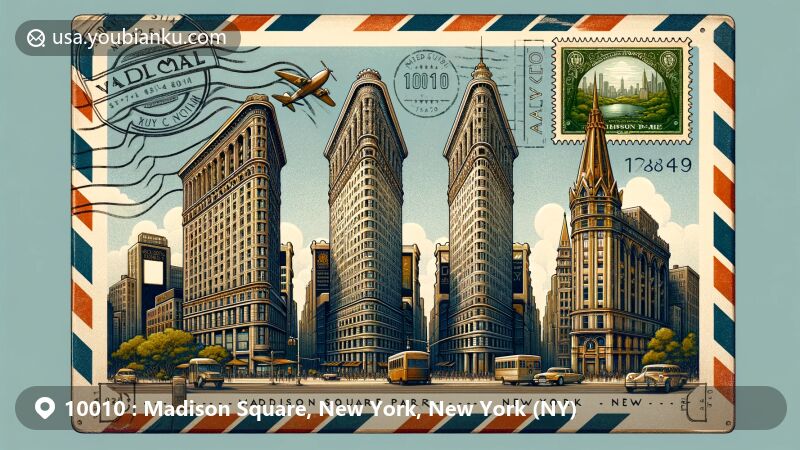 Modern illustration of Madison Square, New York, New York, capturing air mail theme with ZIP code 10010, featuring Flatiron Building, Metlife Tower, and New York Life Insurance Building.