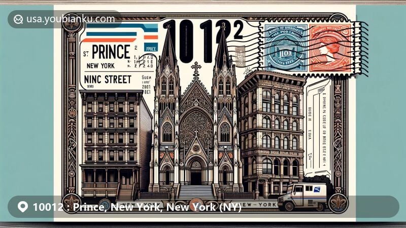 Modern illustration of Prince, New York, featuring St. Patrick's Old Cathedral and 109 Prince Street, in a creative postcard design with postal theme and ZIP code 10012.