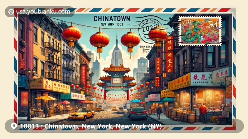 Modern illustration of Chinatown, New York, NY, featuring vibrant street scene with traditional Chinese lanterns, Mahayana Buddhist Temple, bustling storefronts, and postal elements.