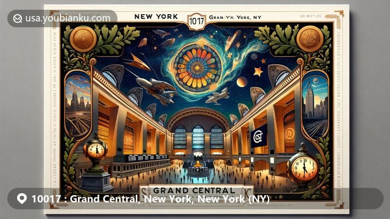 Modern illustration of Grand Central area, New York, NY, showcasing iconic elements of Grand Central Terminal in a wide postcard format with Beaux-Arts architecture and Tiffany Glass Clock, featuring zodiac ceiling and Vanderbilt Tennis Club, adorned with oak leaf and acorn motifs, and postal elements like stamps and postmark.