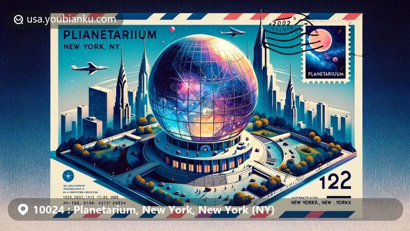 Modern illustration of the Planetarium area in New York, NY, showcasing a stylized airmail envelope with the Hayden Sphere, Central Park stamp, and cosmic themes, emphasizing communication and travel.