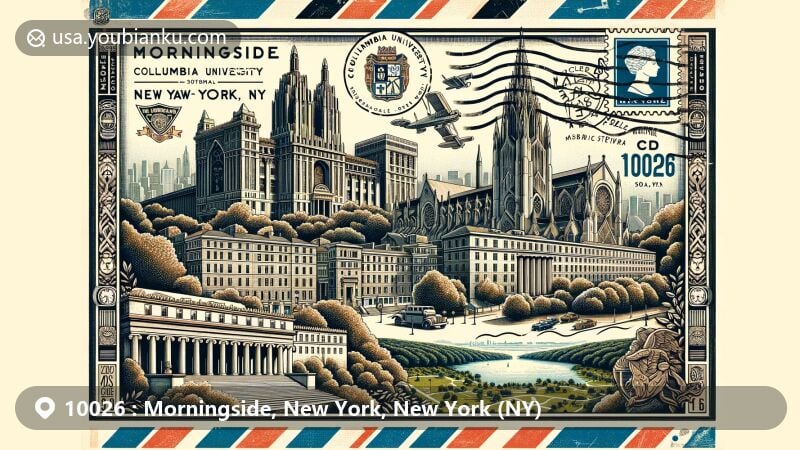 Modern illustration of Morningside area, New York City, ZIP code 10026, showcasing key landmarks like Columbia University and St. John the Divine Cathedral, with vintage postcard elements and postal theme.