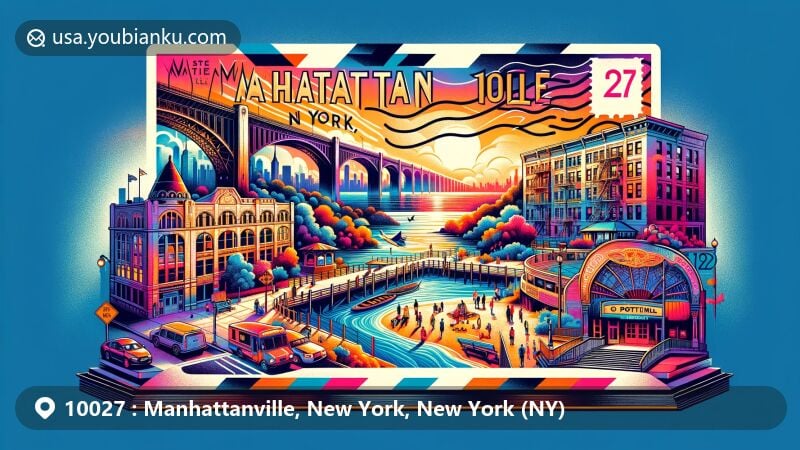 Modern illustration of Manhattanville, New York, showcasing ZIP code 10027 with iconic postal theme, West Harlem Piers Park, Cotton Club representing jazz heritage, and Harlem Viaduct Arches, capturing vibrant cultural essence.