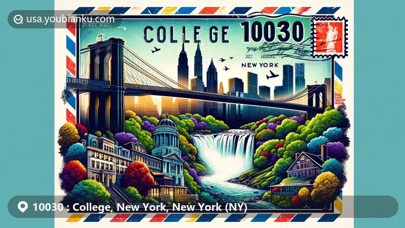 Modern illustration of College, New York, showcasing iconic skyline with Brooklyn Bridge, Central Park, and Niagara Falls, integrated with postal elements including vintage postage stamp with ZIP code 10030.