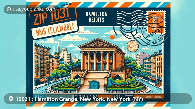 Modern illustration of Hamilton Heights, New York City, capturing ZIP code 10031, featuring Hamilton Grange National Memorial in St. Nicholas Park on an airmail envelope with stamps and postmark.