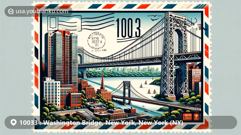 Modern illustration of Washington Heights, Manhattan, New York, showcasing George Washington Bridge and Washington Bridge, incorporating postal theme with ZIP code 10033.