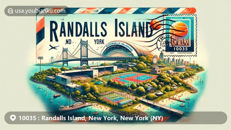 Modern illustration of Randalls Island, New York, NY, featuring vintage airmail envelope with iconic landmarks like Icahn Stadium and Sportime Tennis Center, set against backdrop of Randalls Island Park's scenic beauty, including Triborough Bridge and ZIP code 10035.