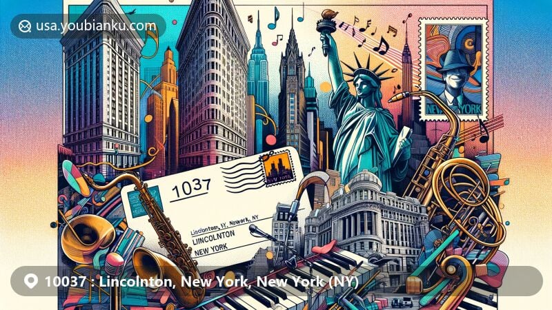 Modern illustration of Lincolnton, New York, NY, showcasing iconic landmarks like the Statue of Liberty and Woolworth Building, with jazz music elements and historical cobblestone streets, featuring postal theme with ZIP code 10037.