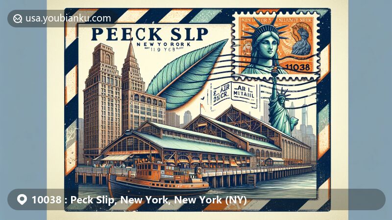 Modern illustration of Peck Slip, New York, depicting vintage air mail envelope with Fulton Fish Market, South Street Seaport Museum, Statue of Liberty postage stamp, and East River waterfront.