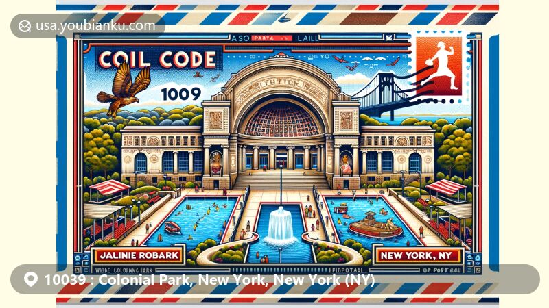 Modern illustration of Colonial Park, New York, featuring Jackie Robinson Park with Romanesque recreation center and Niagara Falls, showcasing airmail envelope with ZIP code 10039 and postal elements.