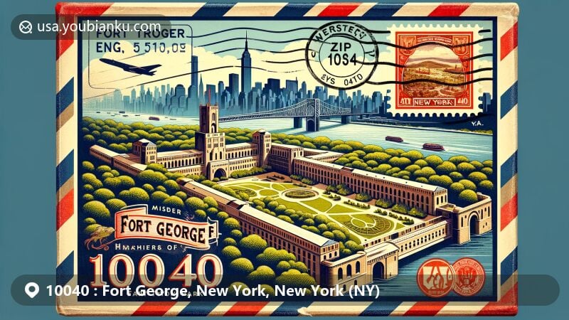 Vintage-style illustration of Fort George, New York City, showcasing postal theme with ZIP code 10040, featuring Fort Tryon Park, Cloisters Museum, Manhattan skyline, and iconic New York postal stamp.