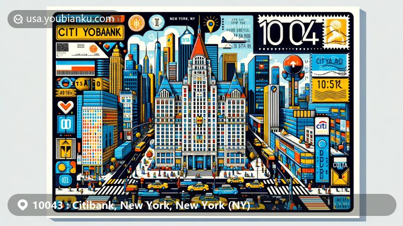 Modern illustration of Citibank area in New York City showcasing ZIP code 10043, featuring iconic 399 Park Avenue building, urban landscape, and postal elements.